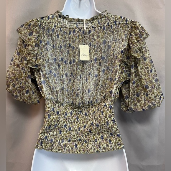 Free People Beatrice Ruffle Blouse Top Floral Printed Smocked‎ Cropped Sz S NWT - Picture 2 of 12